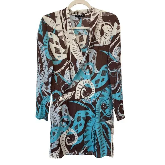 Glam Dresses | Glam Faux Wrap Long Sleeve Mini Dress Size Small Abstract Turquoise Brown Indie | Color: Blue/Brown | Size: S | Thefinerie's Closet